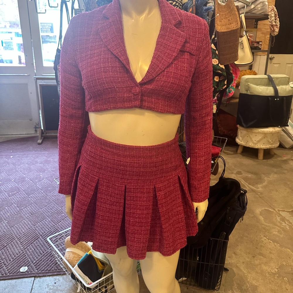 Pretty Garbage Pink 2 Piece Tweed Crop Jacket & Tennis Pleated Skirt,Size Large